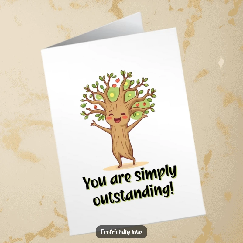 Funny Free Printable Tree Congratulations Card: Happy tree character dancing with branches outstretched, celebrating achievements with enthusiasm.