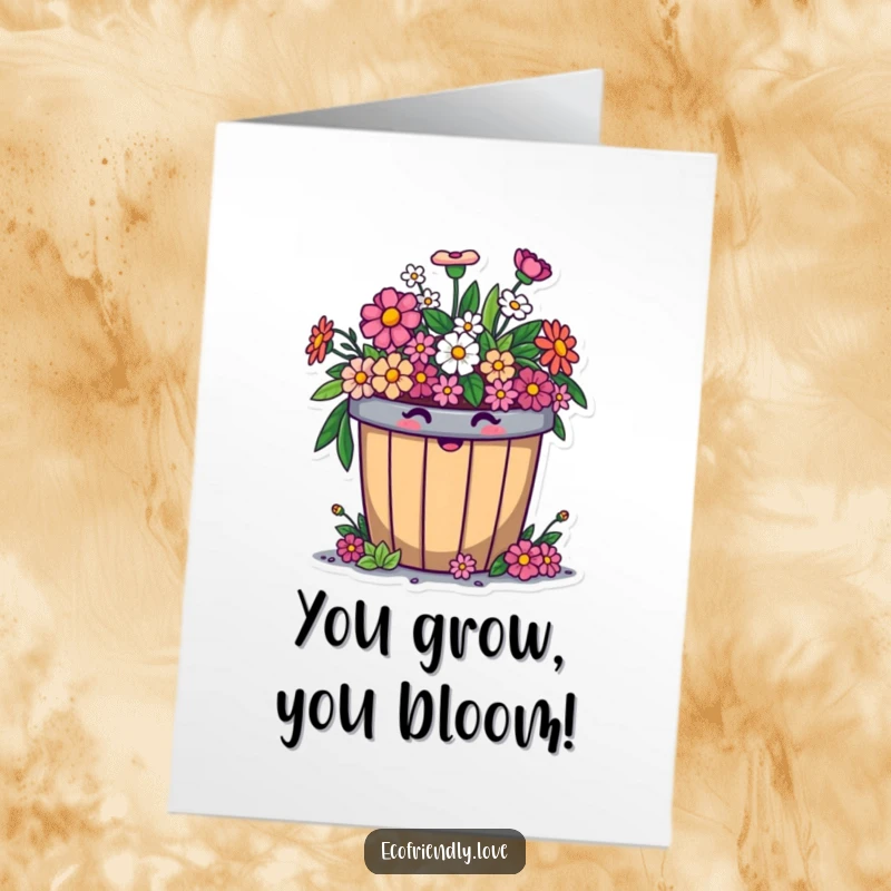 Funny Free Printable Congrats Card: A round, smiling compost bin overflowing with happy flowers, celebrating achievement.