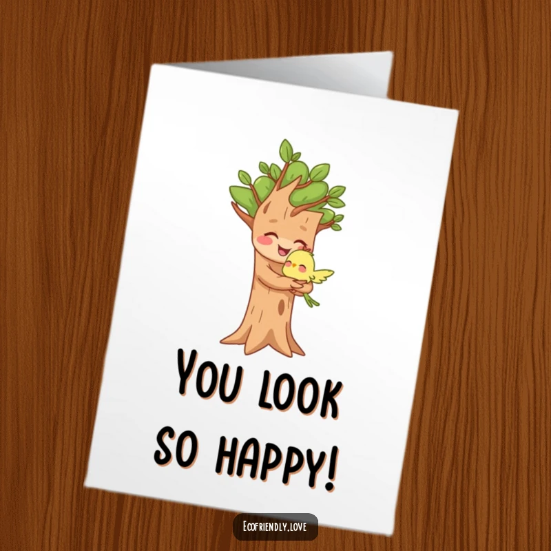 Funny Free Printable Congrats Card: Tree character giving a hug to a bird, celebrating friendship.