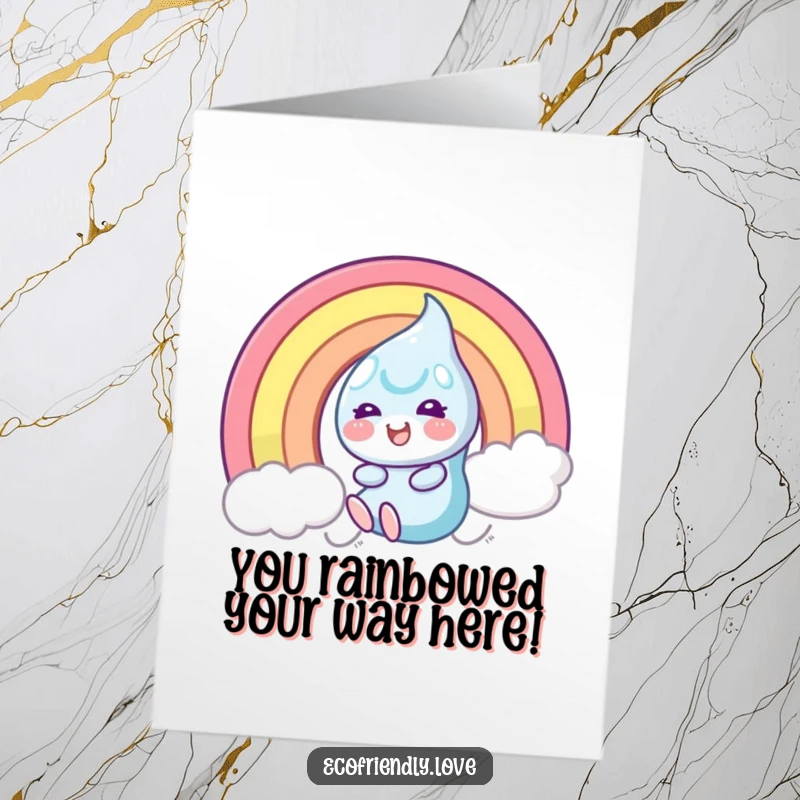 Funny Free Printable Congratulations Card: Dewdrop character joyfully slides down a rainbow, celebrating big wins with infectious glee.