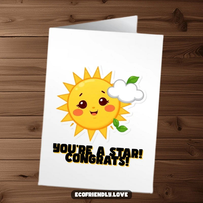 Funny Free Printable Congratulations Card: A radiant yellow sun with starry eyes waves a leafy tendril at a smiling cloud, celebrating good news.