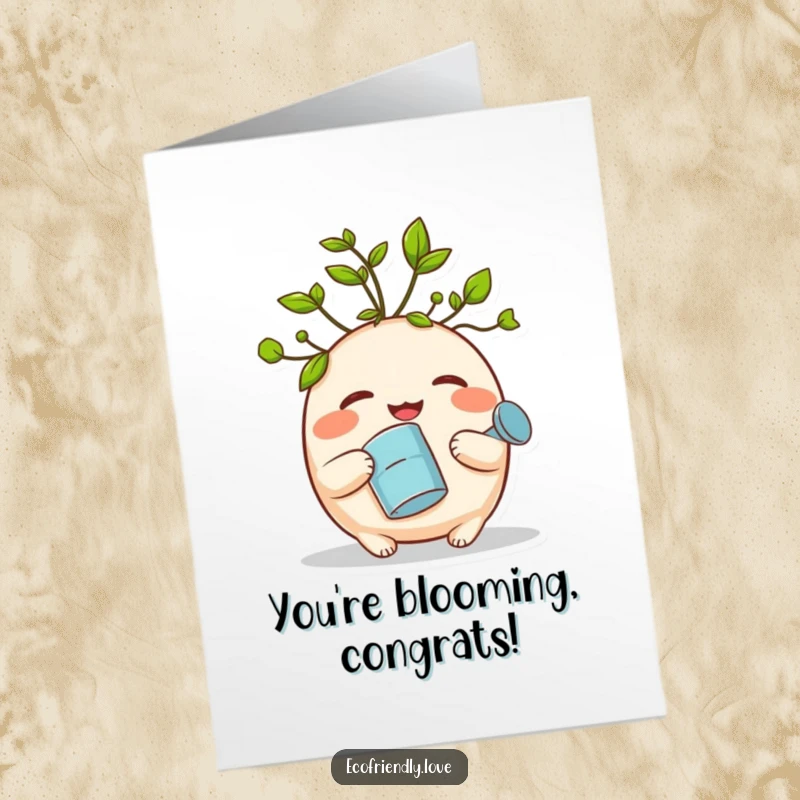 Funny Free Printable Congratulations Card: Giggling sprout with leaf hair holds a watering can, celebrating your success.