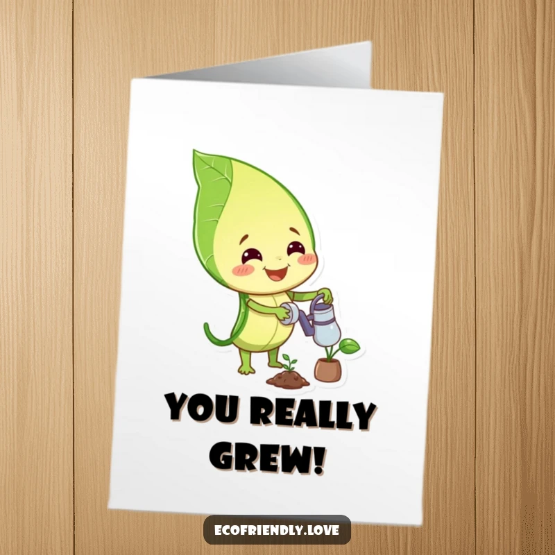 Funny Free Printable Congrats Card: Leaf character happily watering a plant, perfect for celebrating growth.