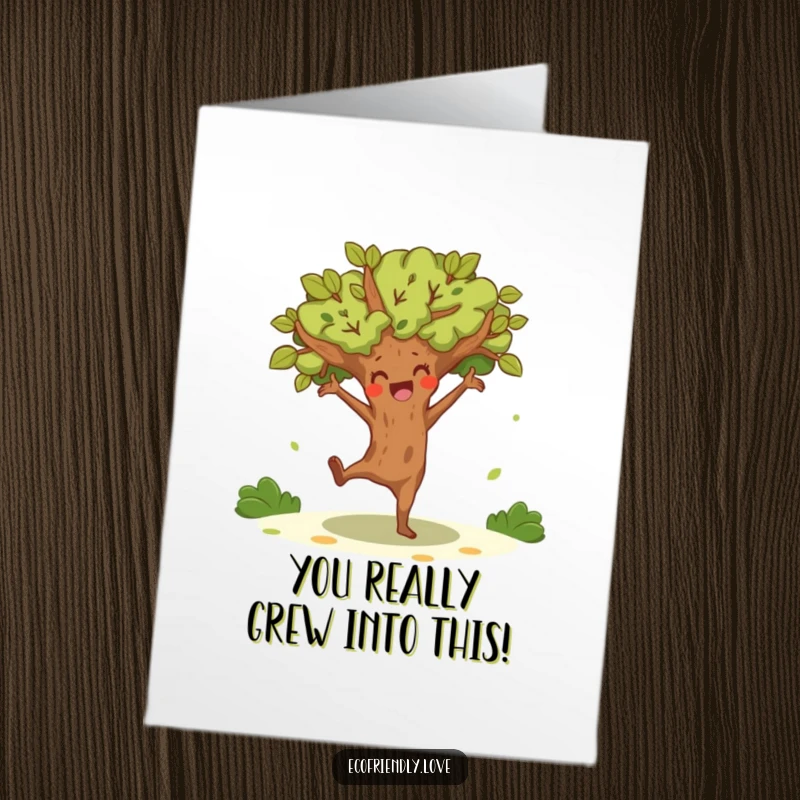 Funny Free Printable Congratulations Card: Tree character doing a joyful, energetic dance, festive and humorous downloadable greeting.
