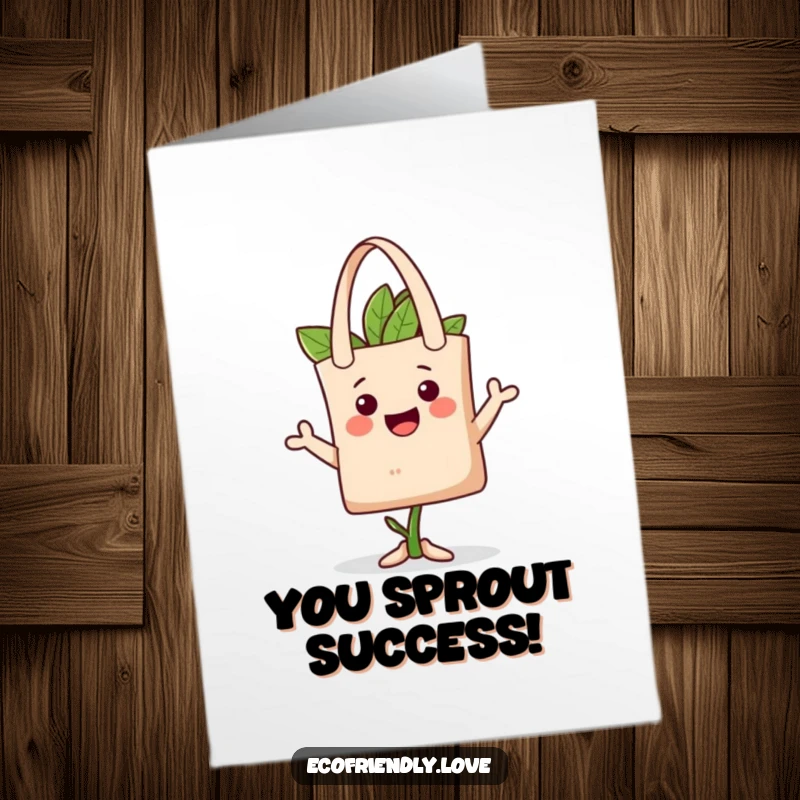 Funny Free Printable Congrats Card: A happy, stylish plant character sporting a reusable tote bag as a cool hat.