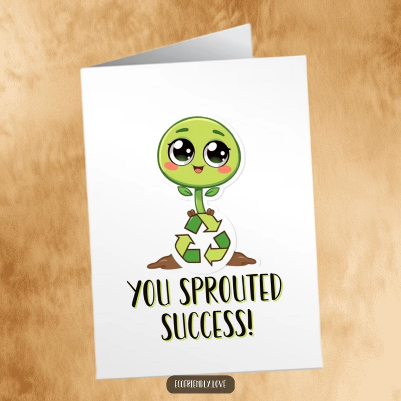 Funny Free Printable Congratulations Card of a round, green sprout character happily hopping over a recycled symbol.