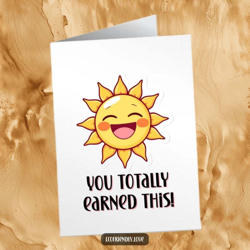 Funny Free Printable Congratulations Card showing a radiant sun character beaming with an ecstatic, wide grin.