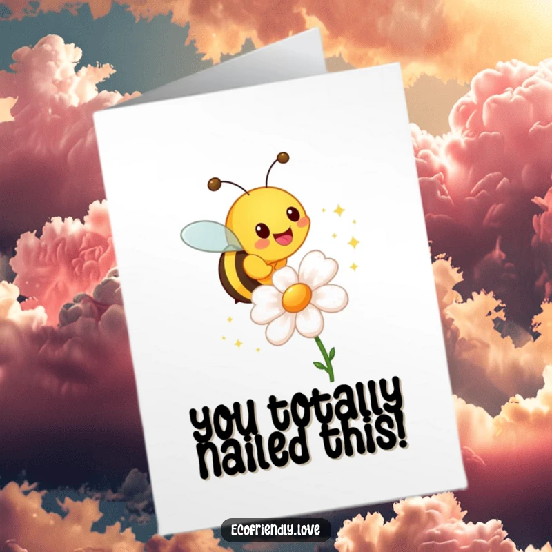 Funny Free Printable Congrats Card: A cheerful bee leaves a trail of sparkles around a beautiful flower, celebrating an achievement.