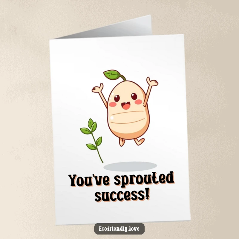 Funny Free Printable Congratulations Card showing a cute kawaii seed character mid-triumphant jump, with a new sprout emerging. Symbolizing success.
