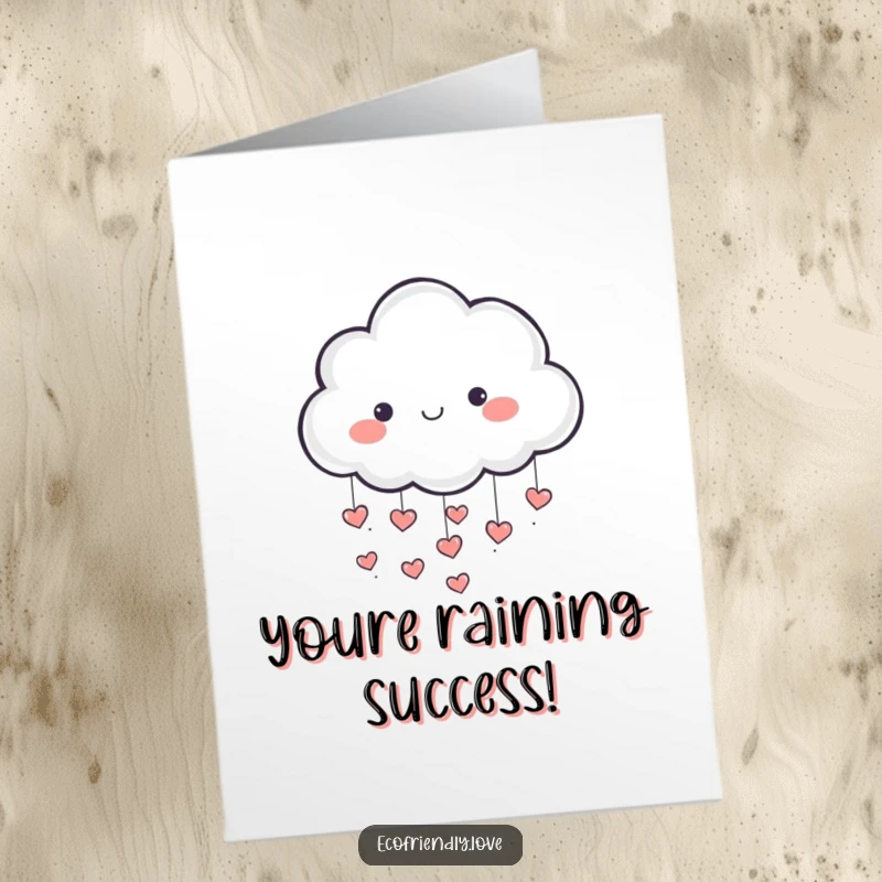 Funny Free Printable Congratulations Card: A fluffy cloud character rains tiny heart shapes, symbolizing love and celebration.
