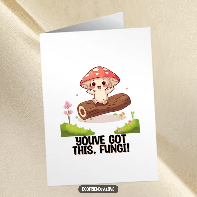 Free Printable Congratulations Card: Kawaii Mushroom Doing Silly Jig, Cheerful Log Dance, Humorous DIY.