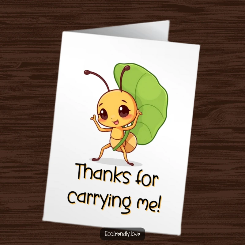 Funny Free Printable Ant Thank You Card: Little ant triumphantly carrying a large leaf, expressing thanks for help received.