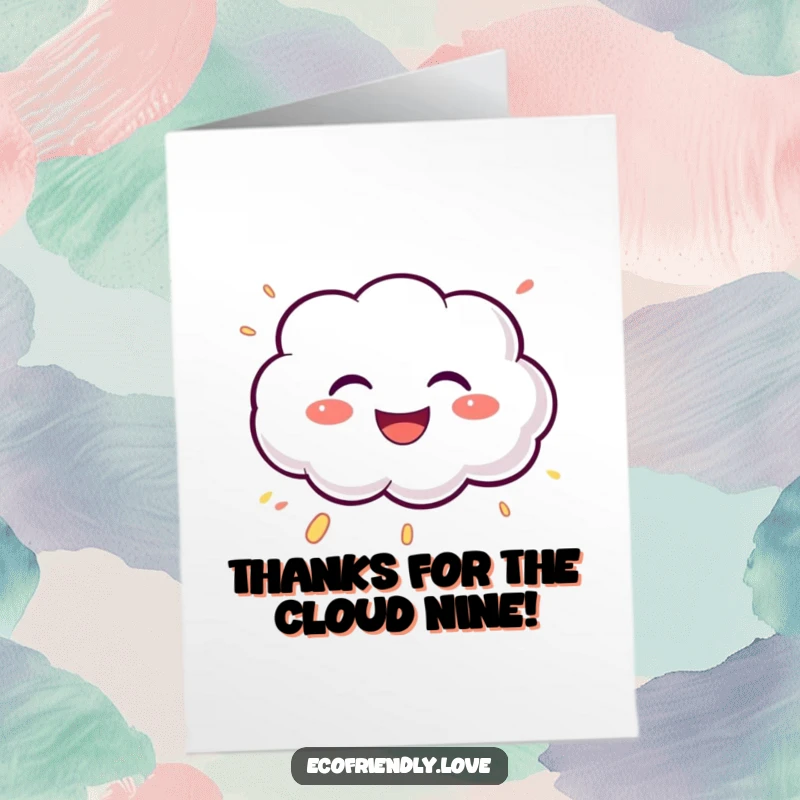 Funny Free Printable Thank You Card: A happy cloud character exhaling a cascade of laughing bubbles.