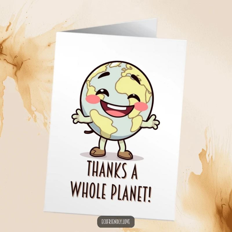 Funny Free Printable Thank You Card: A dancing Earth character with a wide, goofy grin doing a jig.