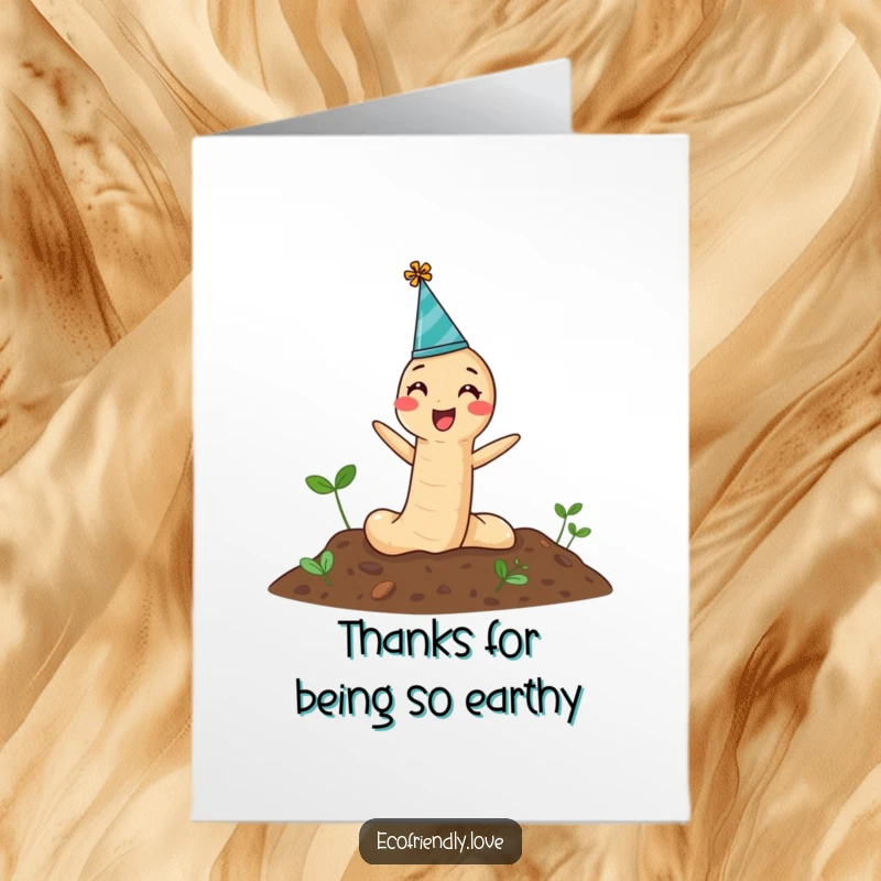 Funny Free Printable Thank You Card: Earthworm in a party hat pops from soil, offering a humorous and thankful greeting.