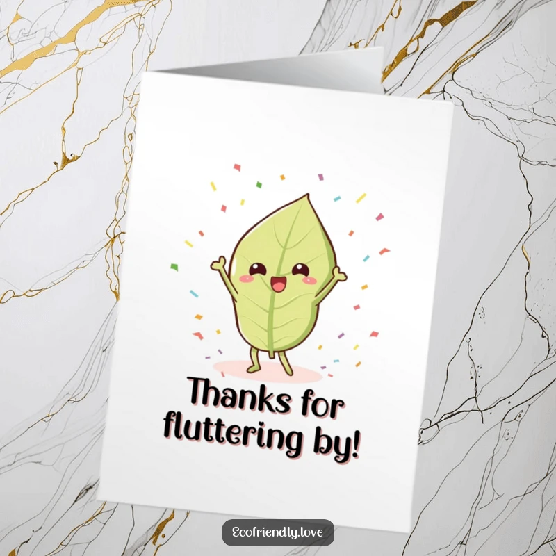 Funny Free Printable Thank You Card: a kawaii leaf doing a happy victory dance, surrounded by confetti, as a way to say thanks.