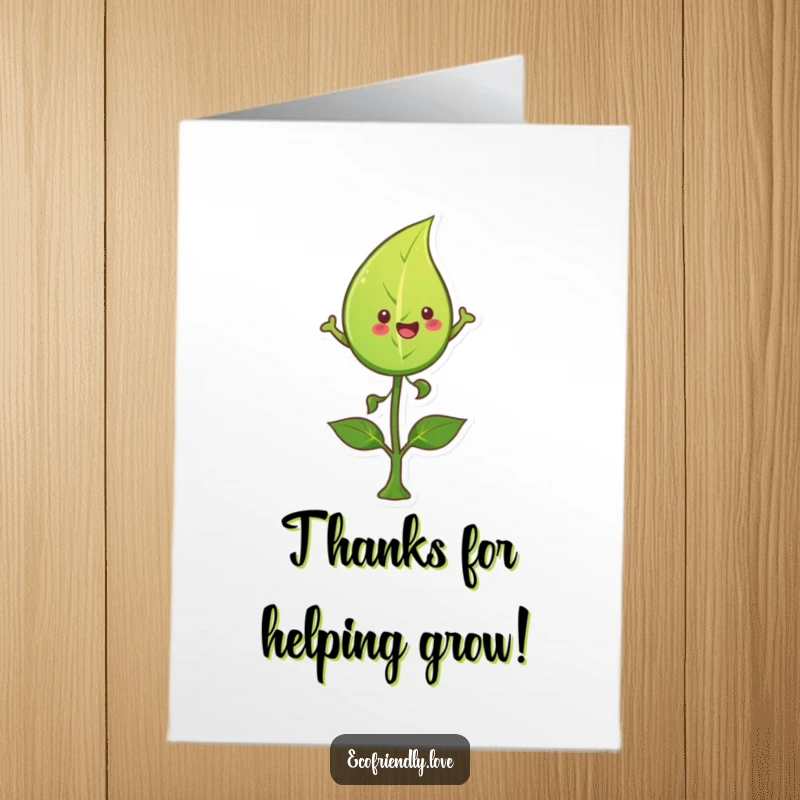 Funny Free Printable Leaf Thank You Card: A happy leaf leaping over a sprout, symbolizing thanks and flourishing relationships.