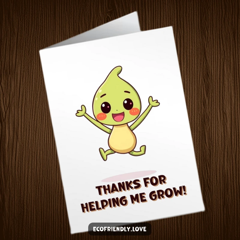 Funny Free Printable Thank You Card: A smiling sprout character jumping with excitement to express thanks.