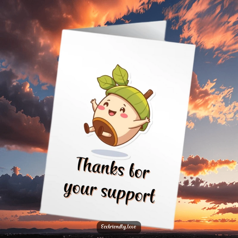 Funny Free Printable Thank You Card: A happy acorn sporting a leaf hat does a cartwheel, expressing thanks.