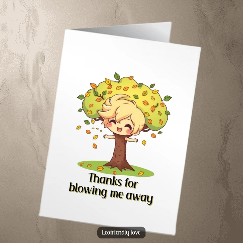 Funny Free Printable Thank You Card: A playful wind character gently blows leaves around a cheerful tree, expressing thanks.
