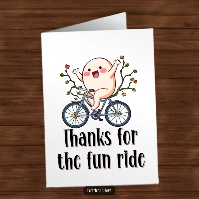 Funny Free Printable Thank You Card: A blob character riding a vine bicycle, conveying thanks with an exciting flair.