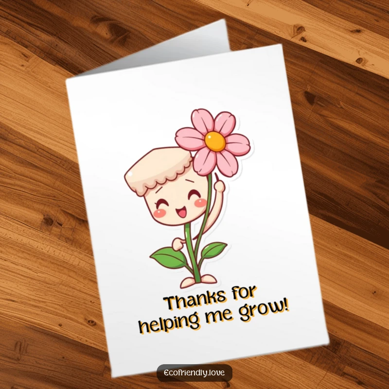 Funny Free Printable Thank You Card with a proud seedling character holding a beautiful blooming flower, expressing gratitude.