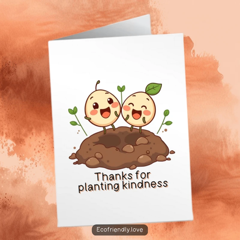 Funny Free Printable Thank You Card: Two round seeds giggle and bounce in soil, expressing thanks.