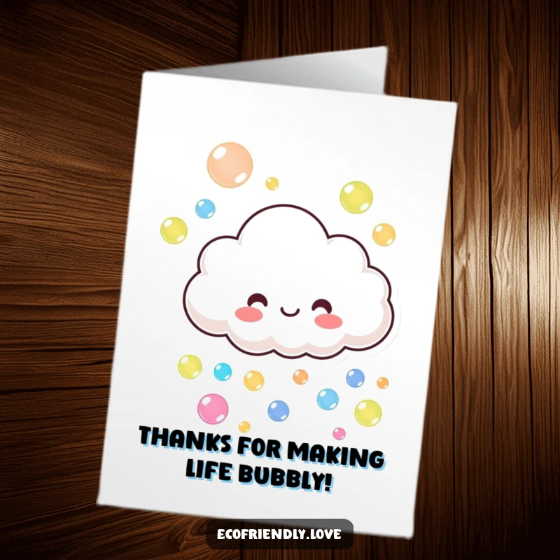 Funny Free Printable Thank You Card: A smiling cloud raining colorful bubbles, conveying sincere thanks.