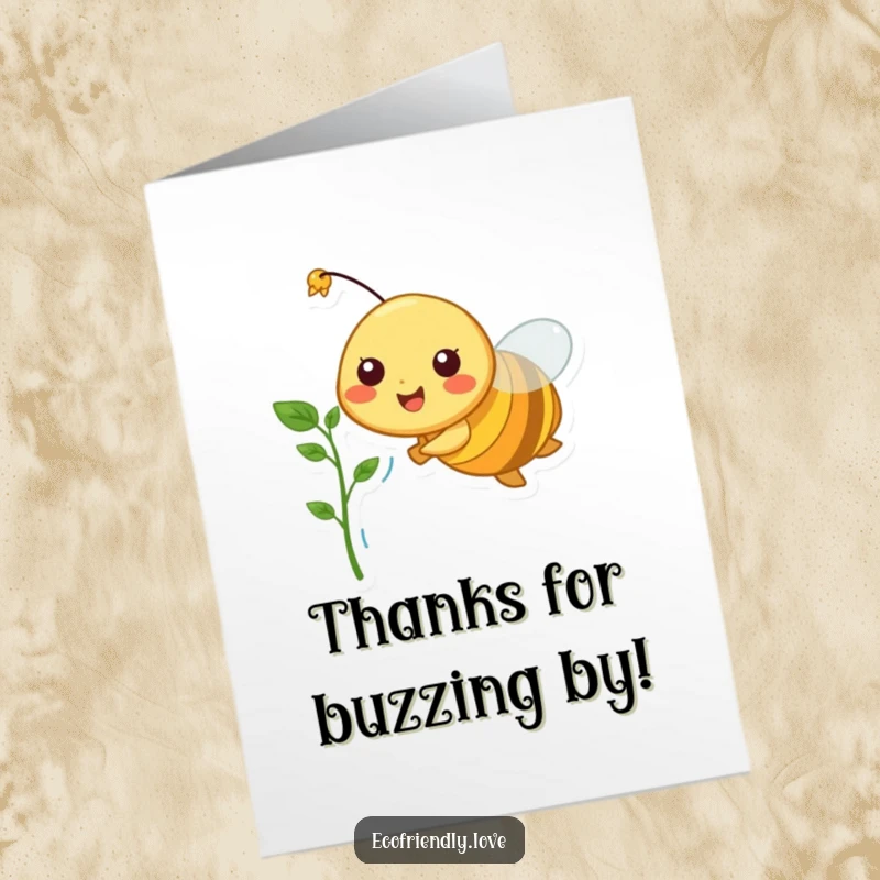 Funny Free Printable Thank You Card: A smiling bee flies with a fresh plant sprout, symbolizing growth and gratitude.