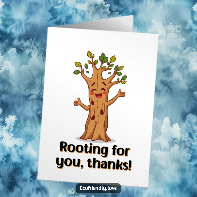 Funny Free Printable Thank You Card featuring a tree character performing an energetic, happy dance, showing heartfelt thanks.