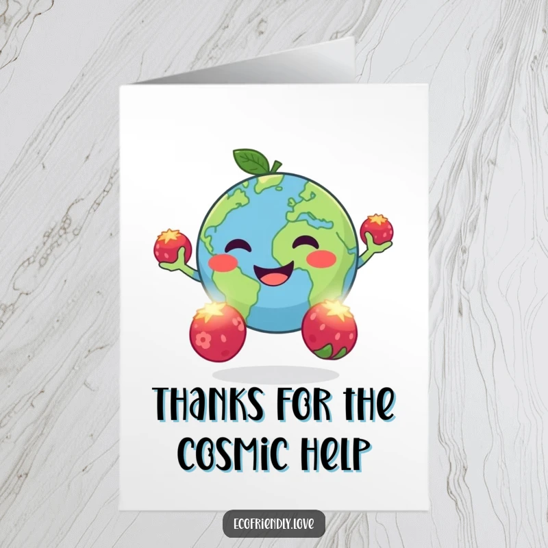 Funny Free Printable Thank You Card: Smiling round Planet Earth juggles glowing berries, sending thanks.