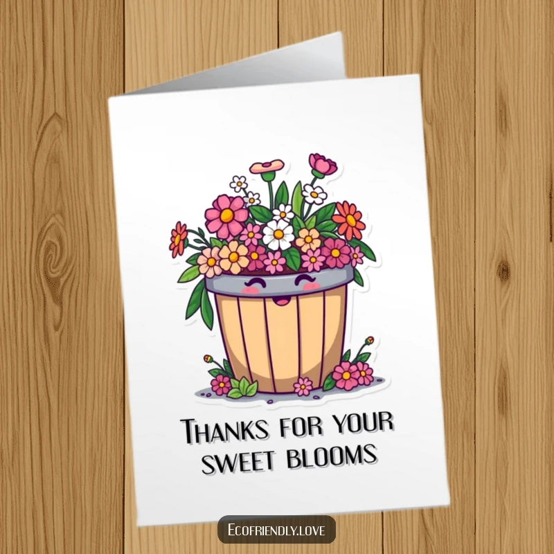 Funny Free Printable Thank You Card: A cheerful compost bin character abundantly filled with smiling flowers, saying thanks.