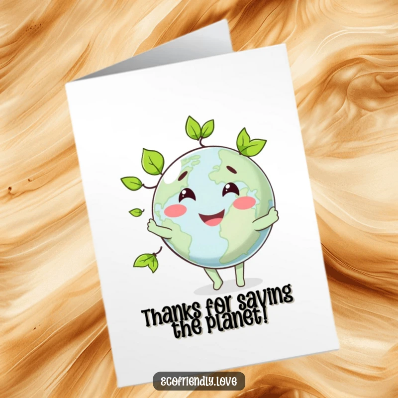 Funny Free Printable Thank You Card: Smiling globe character juggling leaves, a unique way to show your eco-conscious appreciation.