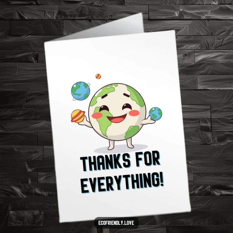 Funny Free Printable Thank You Card: A smiling kawaii Earth character expertly juggles three mini planets.