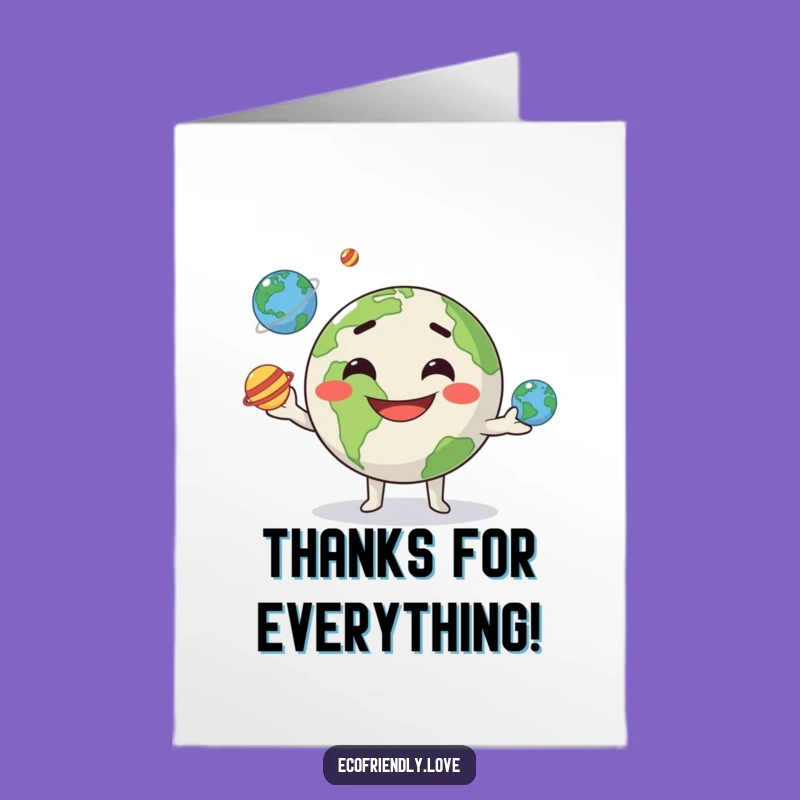 Free Printable Thank You Card: Kawaii Earth Juggling, Funny Space, Downloadable