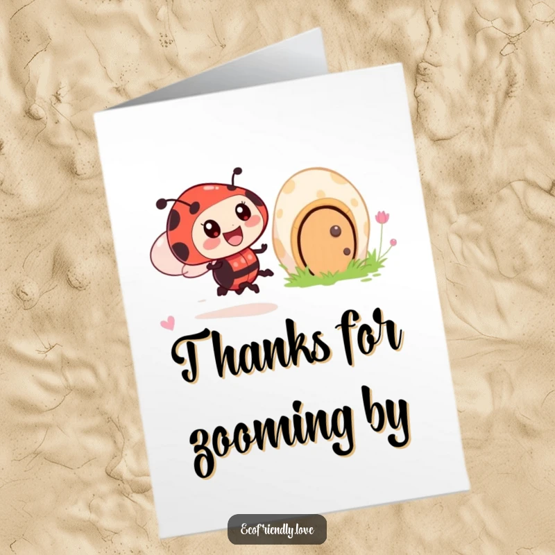 Funny Free Printable Thank You Card: A ladybug excitedly zooms past a smiling mushroom house, conveying thanks.