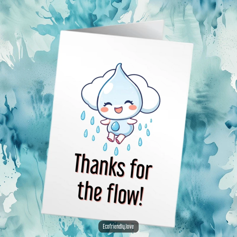 Funny Free Printable Thank You Card with a water droplet character gleefully sliding down a rain cloud, expressing thanks playfully.