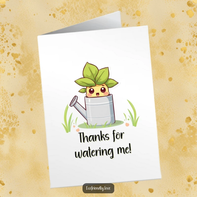 Funny Free Printable Thank You Card: A sprout peeking out of a watering can with a shocked expression, conveying thanks humorously.