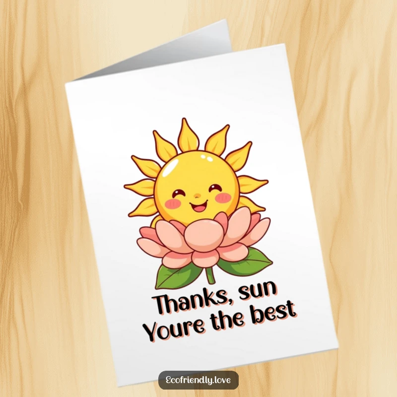 Funny Free Printable Thank You Card: A beaming sun character shines brightly on a cheerful blooming flower, conveying thanks.