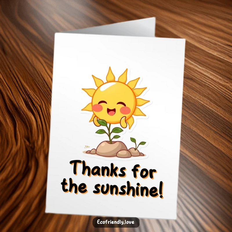 Funny Free Printable Thank You Card: A joyful sun character giggling as it beams light onto a grateful plant below.