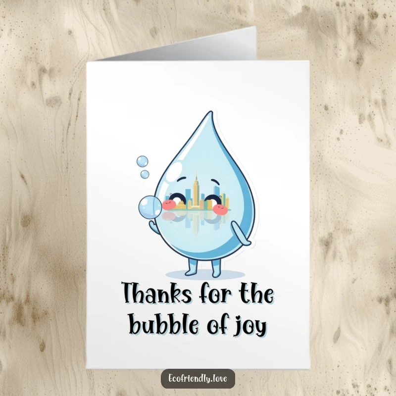 Funny Free Printable Thank You Card: Friendly water droplet character blows a bubble showing a tiny city skyline.
