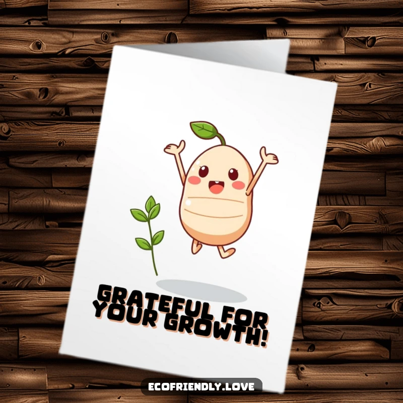 Funny Free Printable Thank You Card featuring a cute kawaii seed character in a triumphant jump, with a tiny sprout signifies blossoming thanks.