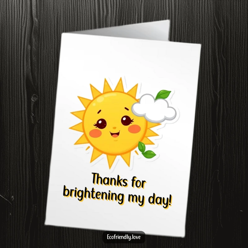 Funny Free Printable Thank You Card: A bright yellow sun with starry eyes waves a leafy tendril at a happy cloud, sending a warm thank you.
