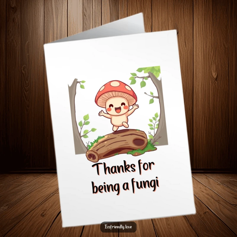 Funny Free Printable Thank You Card: A happy mushroom character bouncing gleefully on a mossy log, conveying thanks.