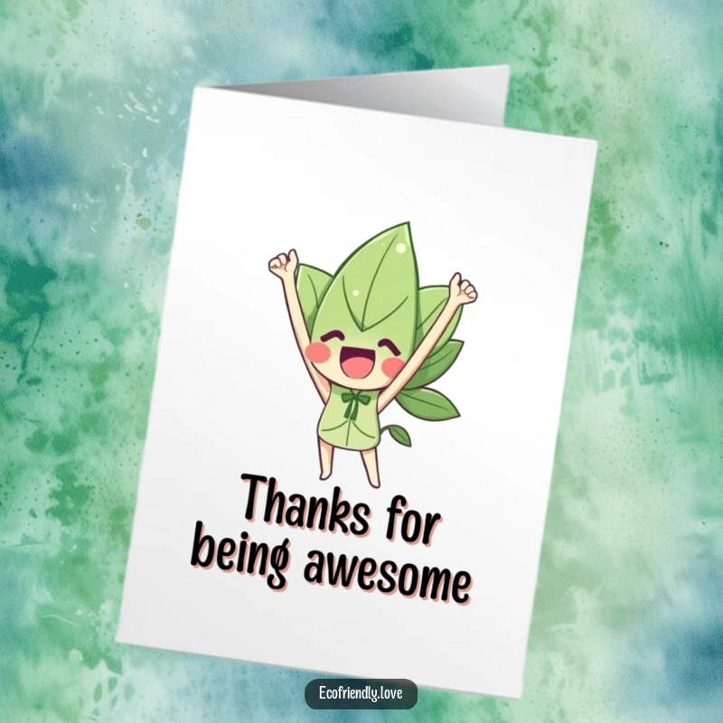 Funny Free Printable Thank You Card: A leaf character cheering victoriously, expressing thanks with vibrant energy.