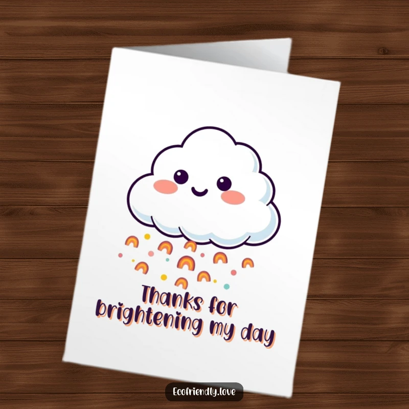 Funny Free Printable Thank You Card: Smiling cloud character sending a rainbow downpour as a cheerful expression of gratitude.