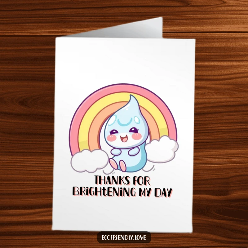 Funny Free Printable Thank You Card: Dewdrop character slides merrily down a rainbow, expressing heartfelt gratitude with a splash of humor.