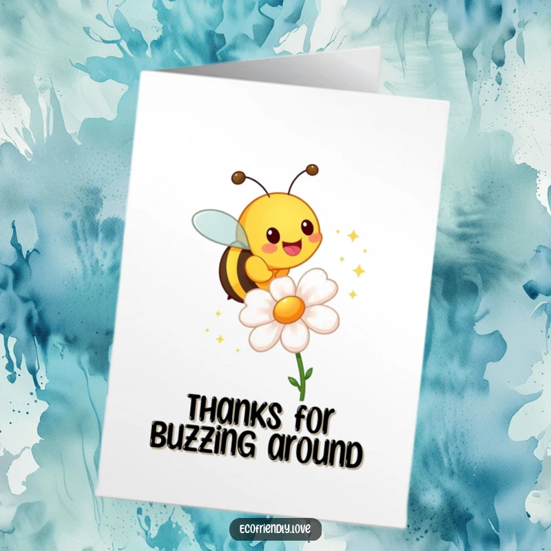 Funny Free Printable Thank You Card: A cheerful bee buzzes around a flower, leaving a trail of sparkles to express thanks.