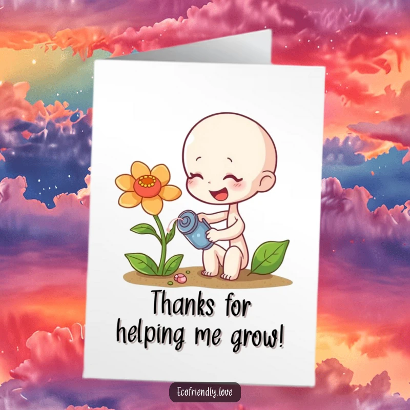 Funny Free Printable Thank You Card: A tiny sprout character giggling as it waters a wilting flower, showing kindness.