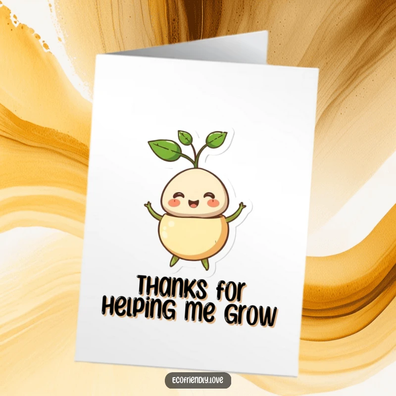 Funny Free Printable Thank You Card: Cheerful seed character bursting with a sprout, expressing gratitude with a happy face.